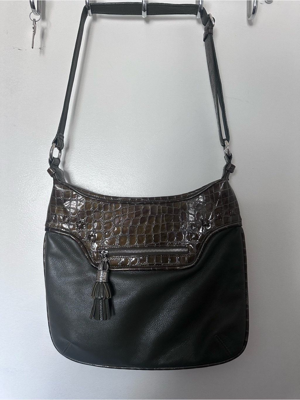Brighton Croc-Trim Leather Olive Green Shoulder Bag